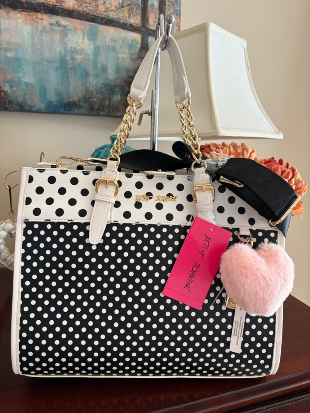 NWT Betsey Johnson XO BECCA Polka Dot Print Tote Bag with bag charm
